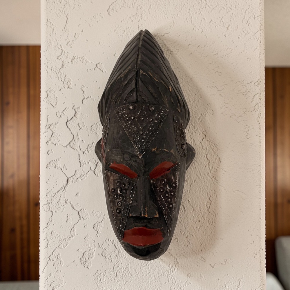 Vintage Marka Mali Tribal Mask Hand Carved Wood Brass Metal African Art 14"